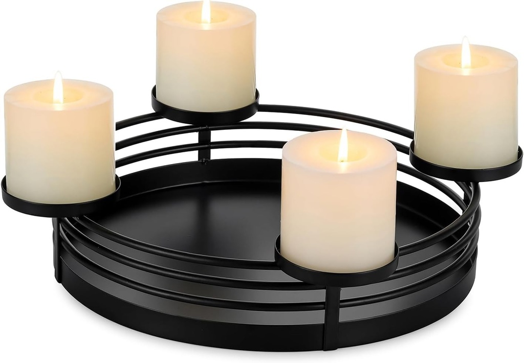Cununa de Advent Moderna Romadedi cu Bol Metalic: Suport Rotund Negru Mat pentru Bol de Advent, Ø 30cm, pentru 4 Lumanari Pilon Ø 8cm - Aranjament de Advent cu Tava pentru Masa