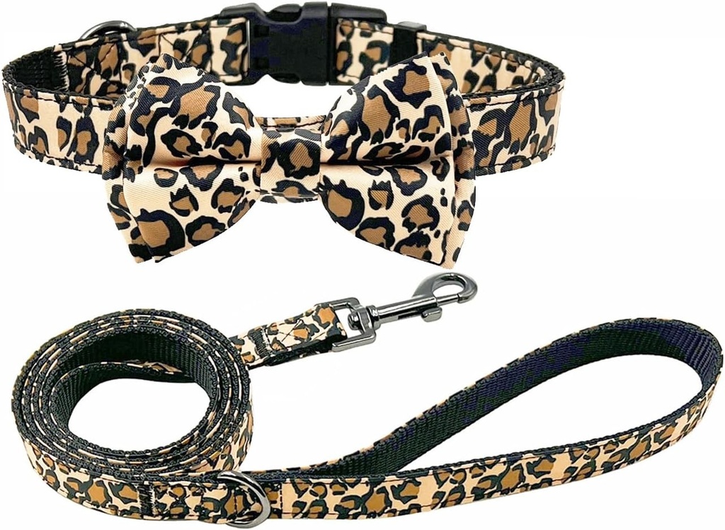 Set combinat Olahibi cu papion si lesa, model leopard maro, material din nailon si chinga de bumbac, lesa de 150 cm, pentru caini de talie mica (marimea S, leopard maro)