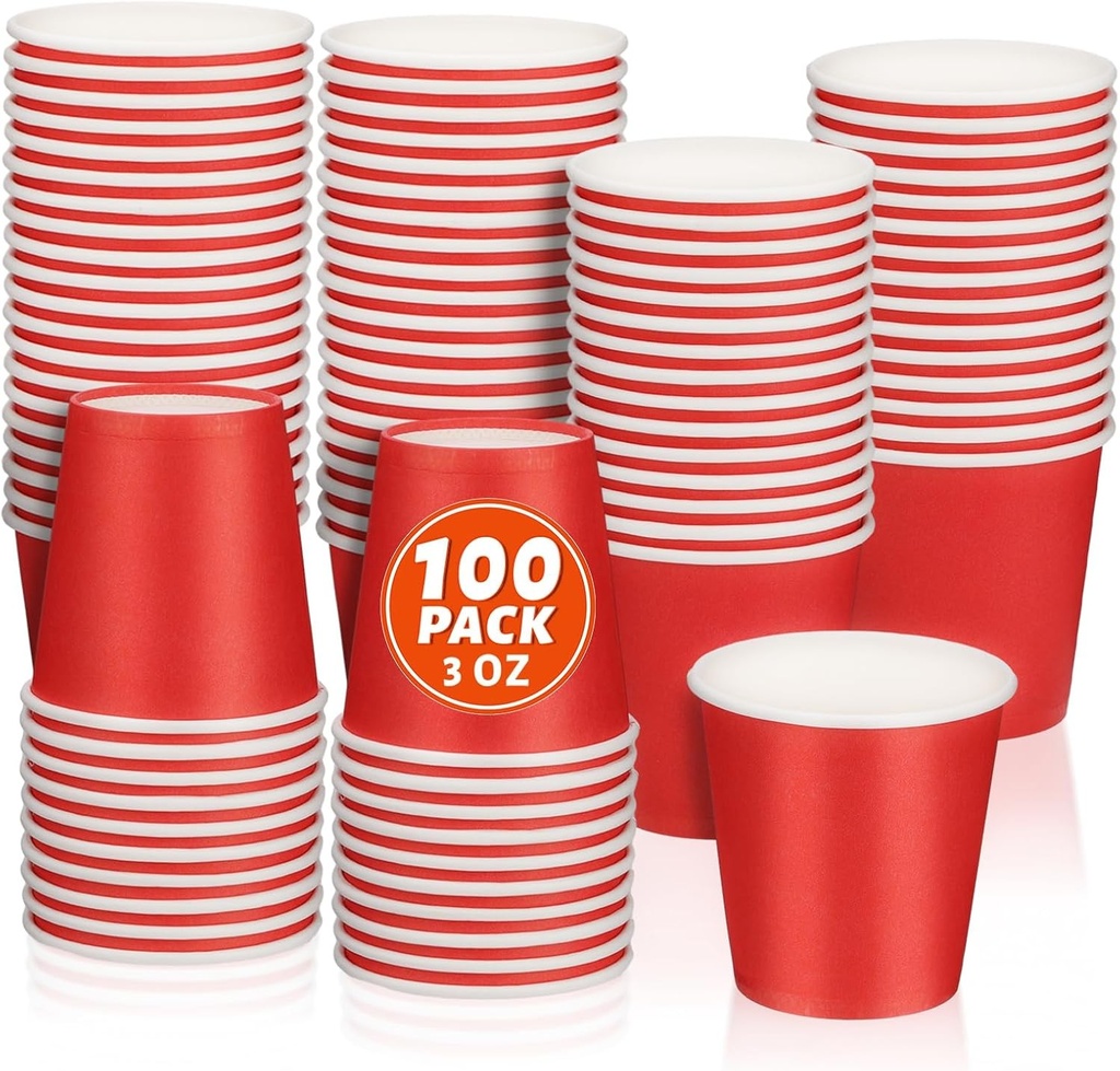 BUOKKON 100 Pahare de hartie rosii, 85 ml, Pahare mici de baie de unica folosinta, Pahare pentru apa de gura, Pahare pentru espresso, Pahare mici de hartie pentru petreceri de ziua de nastere, Picnicuri, Bai, Supermarketuri