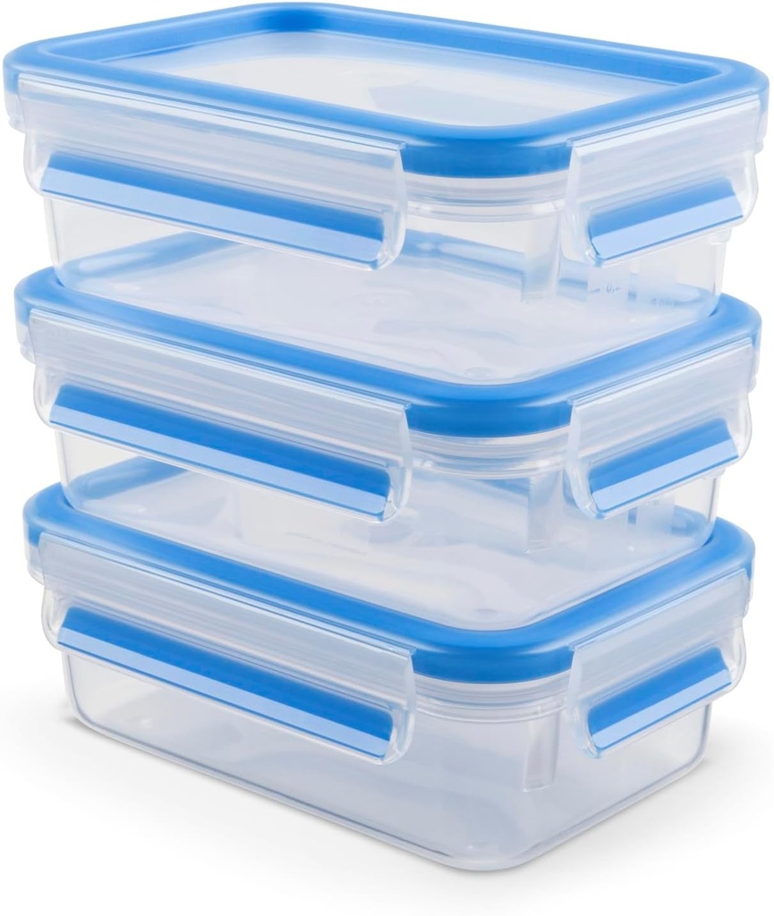 Set de recipiente pentru depozitarea alimentelor EMSA Clip & Close, dreptunghiulare, 3 x 0,55 L, cutii de depozitare, 100% etanse, potrivite pentru masina de spalat vase, congelator si cuptor cu microunde, transparente, albastre, fabricate in Germania, N10312