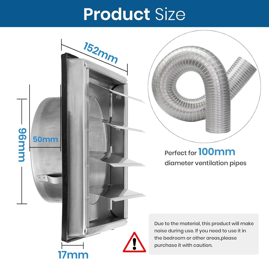 Grila de ventilatie din otel inoxidabil cu incuietoare ZLLZPZD de 100 mm, cu plasa antiinsecte si supapa de sens unic, ideala pentru montarea pe peretele exterior a sistemelor de ventilatie si a hotelor de extractie