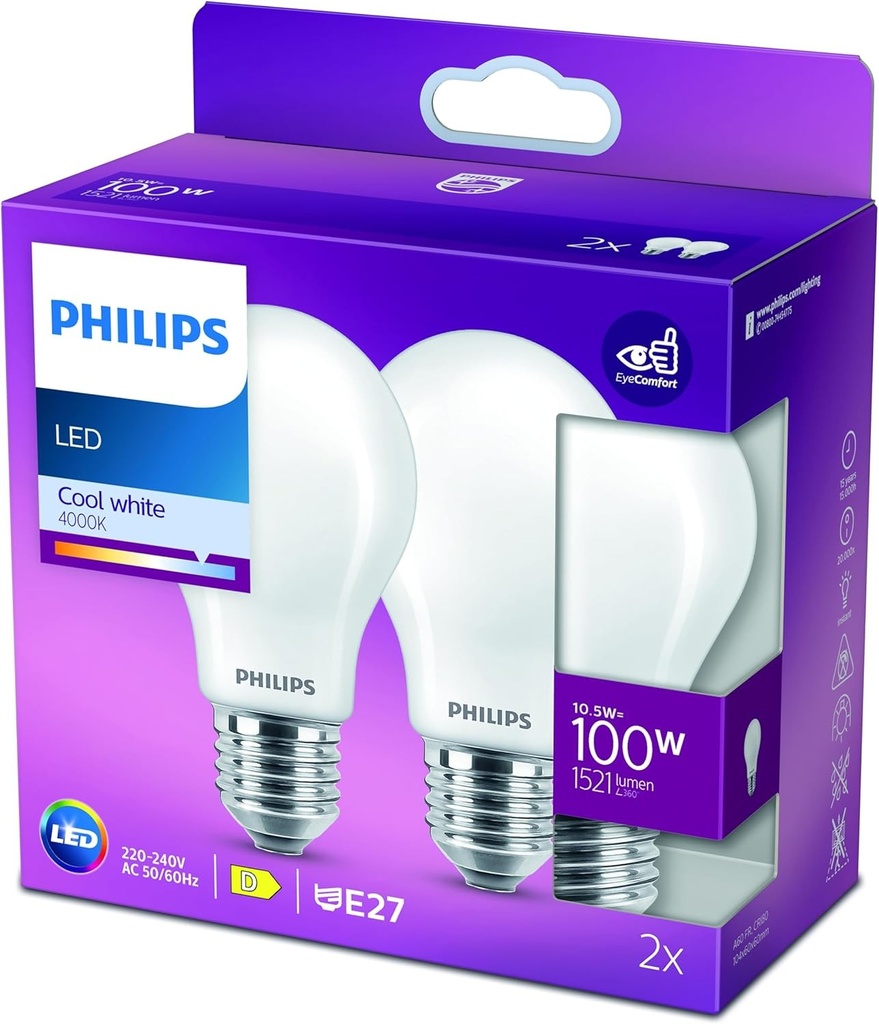 Bec LED Philips standard E27 100W, sticla mata alb rece, pachet de 2
