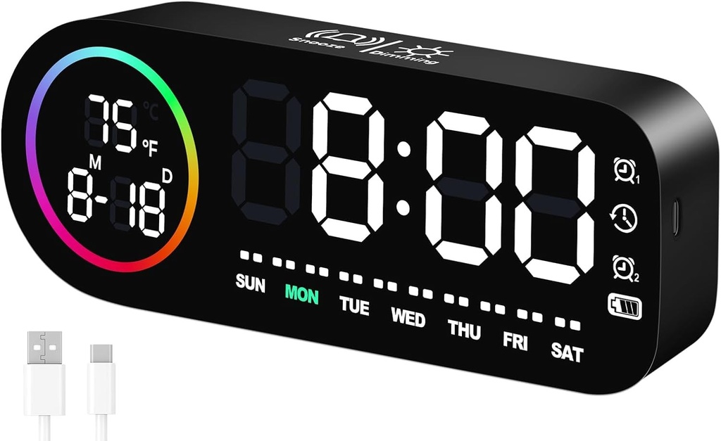 Ceas desteptator digital cu LED-uri Vinabo cu 7 culori - Ceas digital cu afisaj de temperatura, 5 niveluri de luminozitate, alarma duala, snooze, USB, 12/24h - Ceas desteptator luminos pentru copii si adulti (negru)