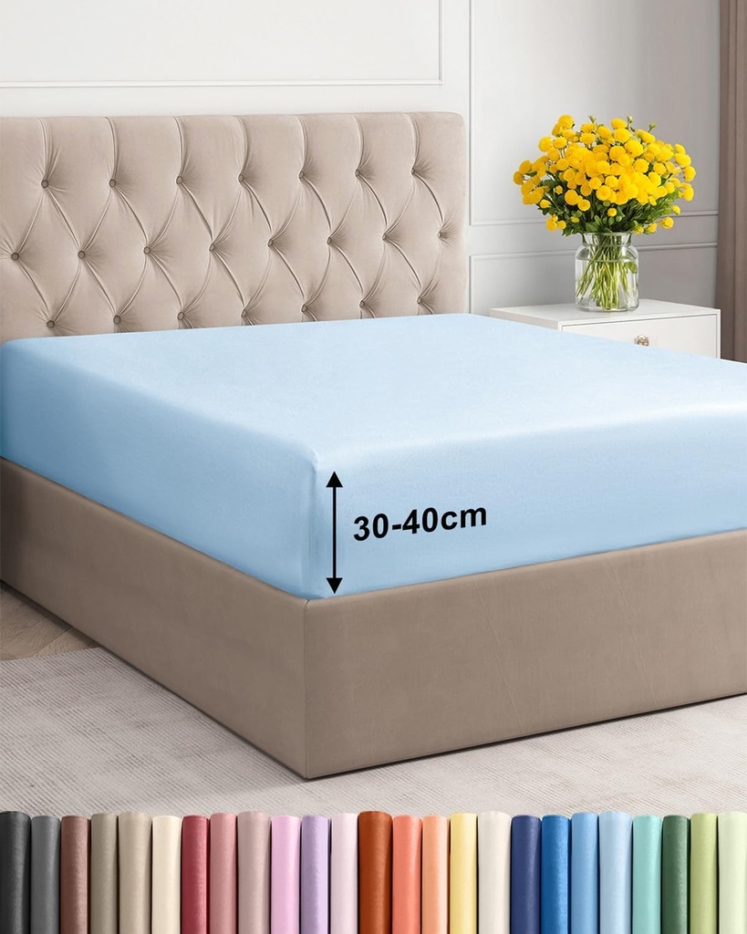 Cearsaf cu elastic 120x200cm - Cearsaf cu elastic extra adanc pentru saltele cu inaltime de pana la 40 cm (16") - Microfibra periata moale - Nu se sifoneaza, nu se contracta si nu decoloreaza - Certificat Oeko-TEX - Cearsaf de pat albastru deschis