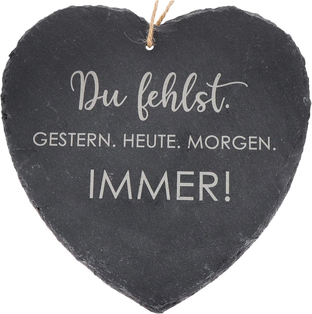 Gata pentru un mesaj semnificativ | Inima mare din ardezie „Ne este dor de tine...” (20 x 20 cm) cu inscriptie gravata | Decoratiune funerara | Rezistent la intemperii