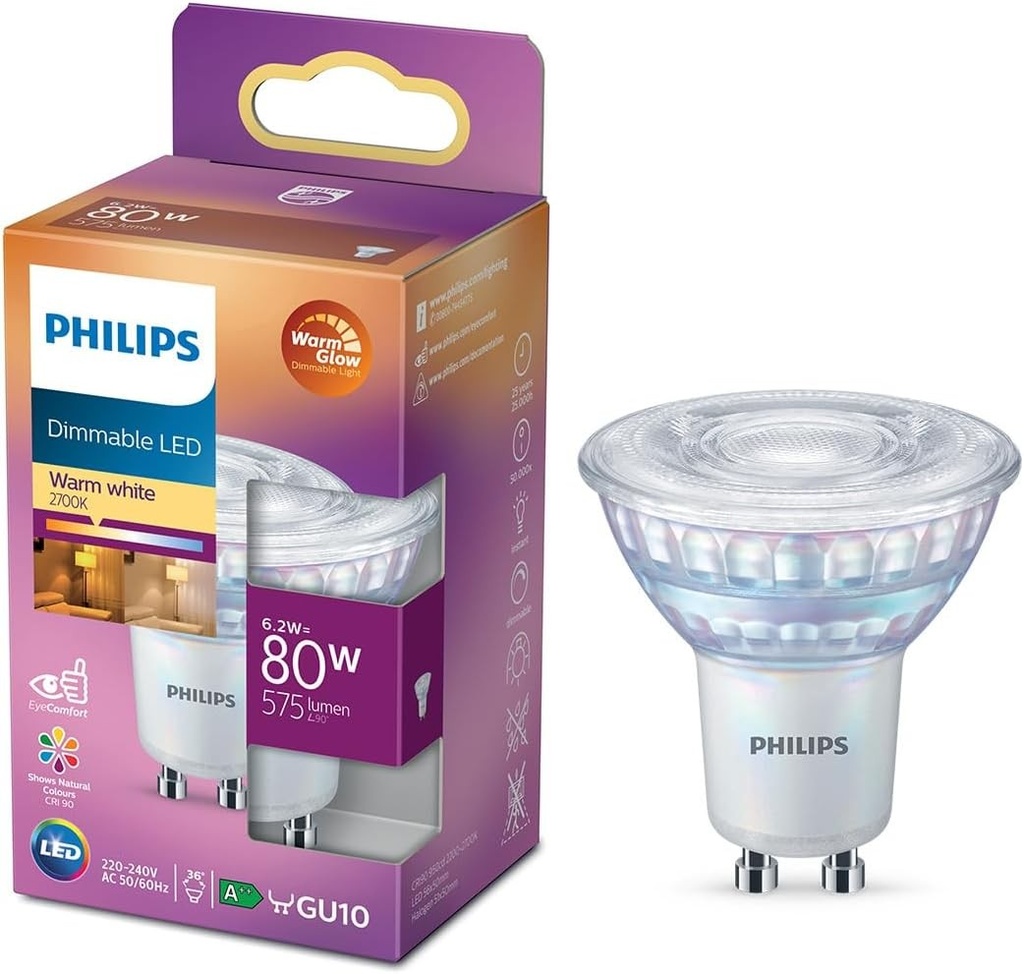 Lampa Philips LED Classic GU10 cu lumina calda (80 W), reflector LED cu reflector reglabil, lumina alba calda, lampa economica cu durata lunga de viata, lumina calda reglabila