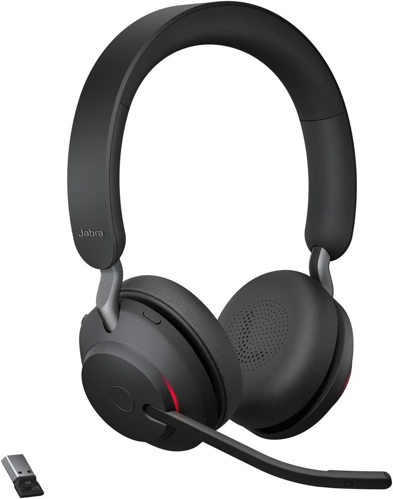 Căști stereo wireless Jabra Evolve2 65 pentru PC cu anulare a zgomotului - Certificate pentru platforme UC - Durată lungă de viață a bateriei - Adaptor Bluetooth USB-A - Negru