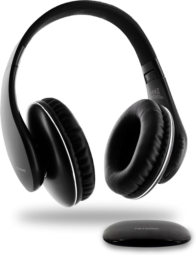 Metronic 480200 - Căști stereo wireless optice, transmițător pentru TV/PC/telefon/tabletă, mufă AUX de 3,5 mm, control integrat al volumului, bandă de susținere pliabilă, autonomie a bateriei de până la 10 ore