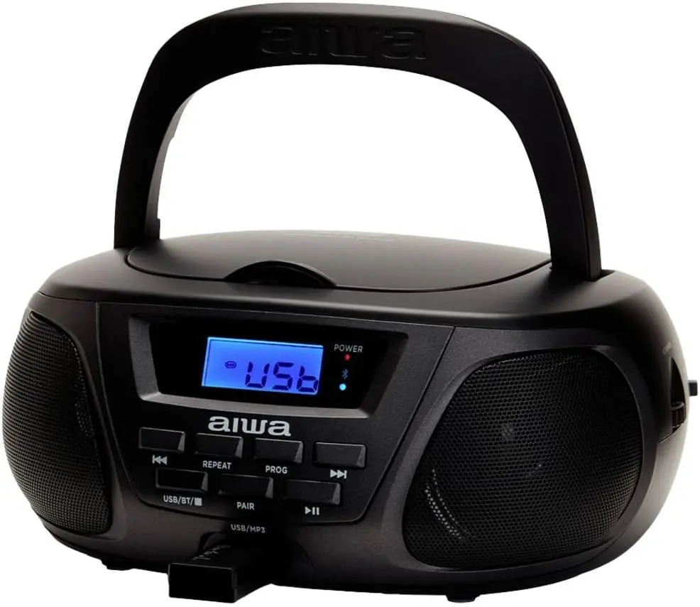 CD player portabil Aiwa BBTU-300BKMKII, radio CD (radio FM, tehnologie Hyperbass, intrare audio, Bluetooth, USB). Culoare: Negru