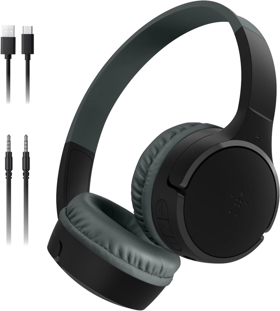 Căști wireless Belkin SoundForm Mini pentru copii cu microfon, supraauriculare, autonomie a bateriei de 30 de ore și adeziv, căști supraauriculare pentru învățare online și călătorii, compatibile cu iPhone, iPad sau Galaxy, negre