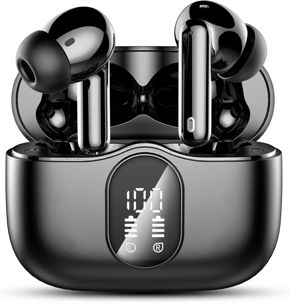Căști wireless Btootos, Bluetooth 5.3 cu microfon HD, stereo HiFi, afișaj LED, reducere a zgomotului, driver dinamic de 13 mm, căști wireless impermeabile IP7 36H