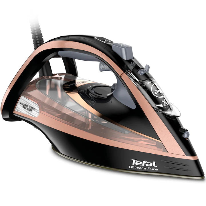 Fier de calcat cu abur Tefal Ultimate Pure, 3200 W, 1,2 kg, filtru Micro-Calc, talpa Durilium Airglide Autoclean, oprire automata, rezervor de apa de 0,35 litri, fabricat in Franta, negru/auriu