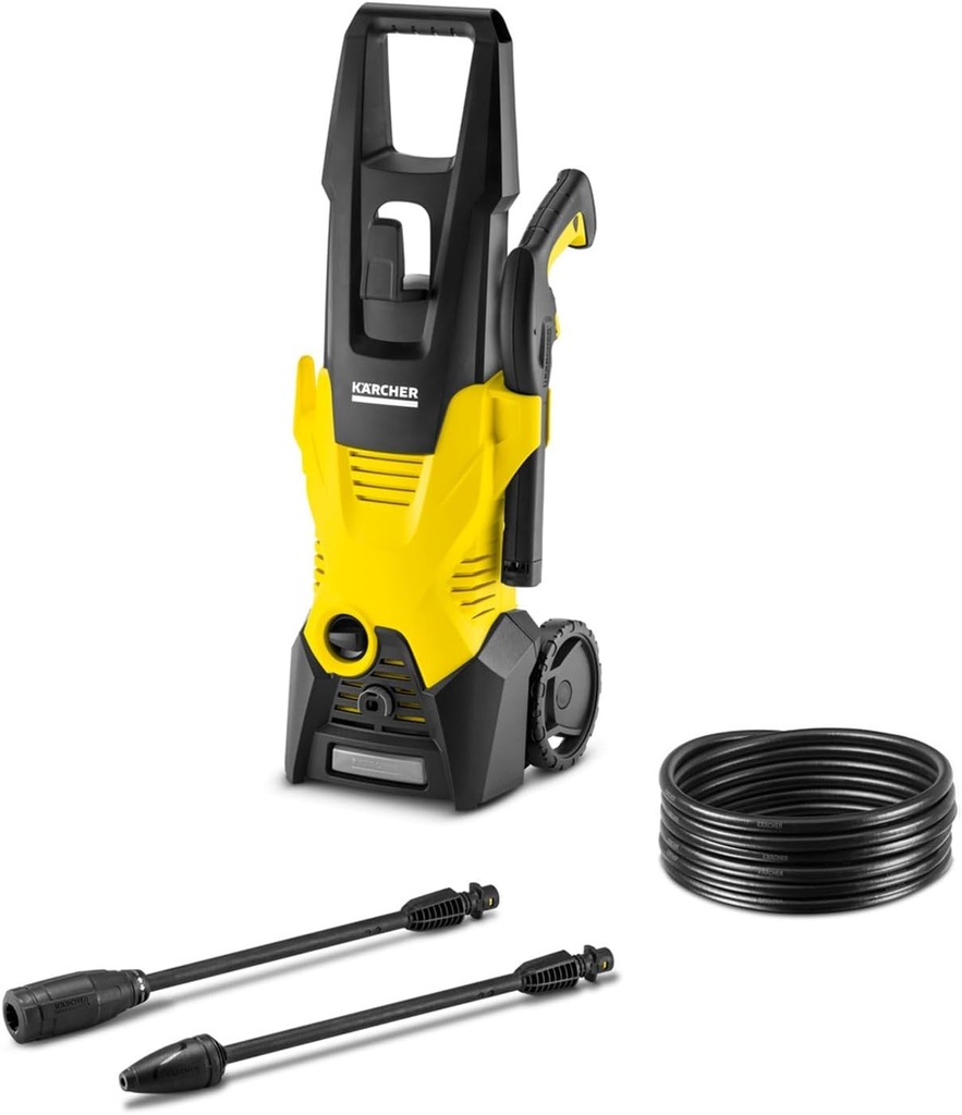 Aparat de curățat cu presiune Kärcher K 3, presiune: max. 120 bar, debit: 380 l/h, randament la suprafață: 25 m²/h, filtru de apă, greutate: 6 kg, furtun și pistol de înaltă presiune, duză turbo, lance de pulverizare