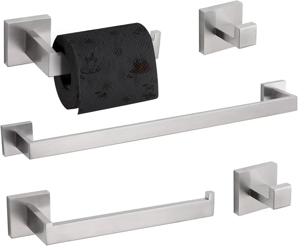 TURS Q7BR-P5 Set de accesorii pentru baie, nichel periat, 5 piese, suport pentru prosoape de baie, suport pentru prosoape de mână, 2 cârlige pentru prosoape, oțel inoxidabil SUS 304