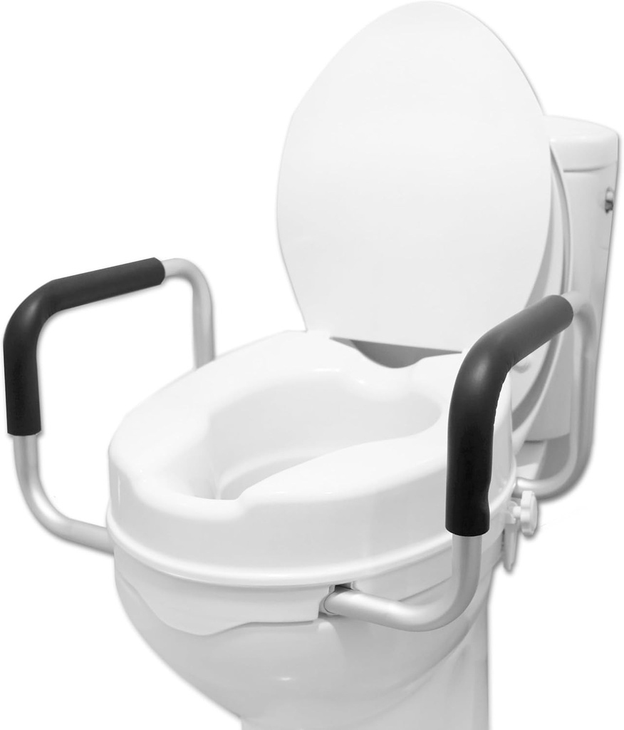Înălțime scaun toaletă PEPE Mobility pentru adulți cu cotiere și capac, 10 cm înălțime, înălțime scaun toaletă ortopedică, instalare ușoară și sigură