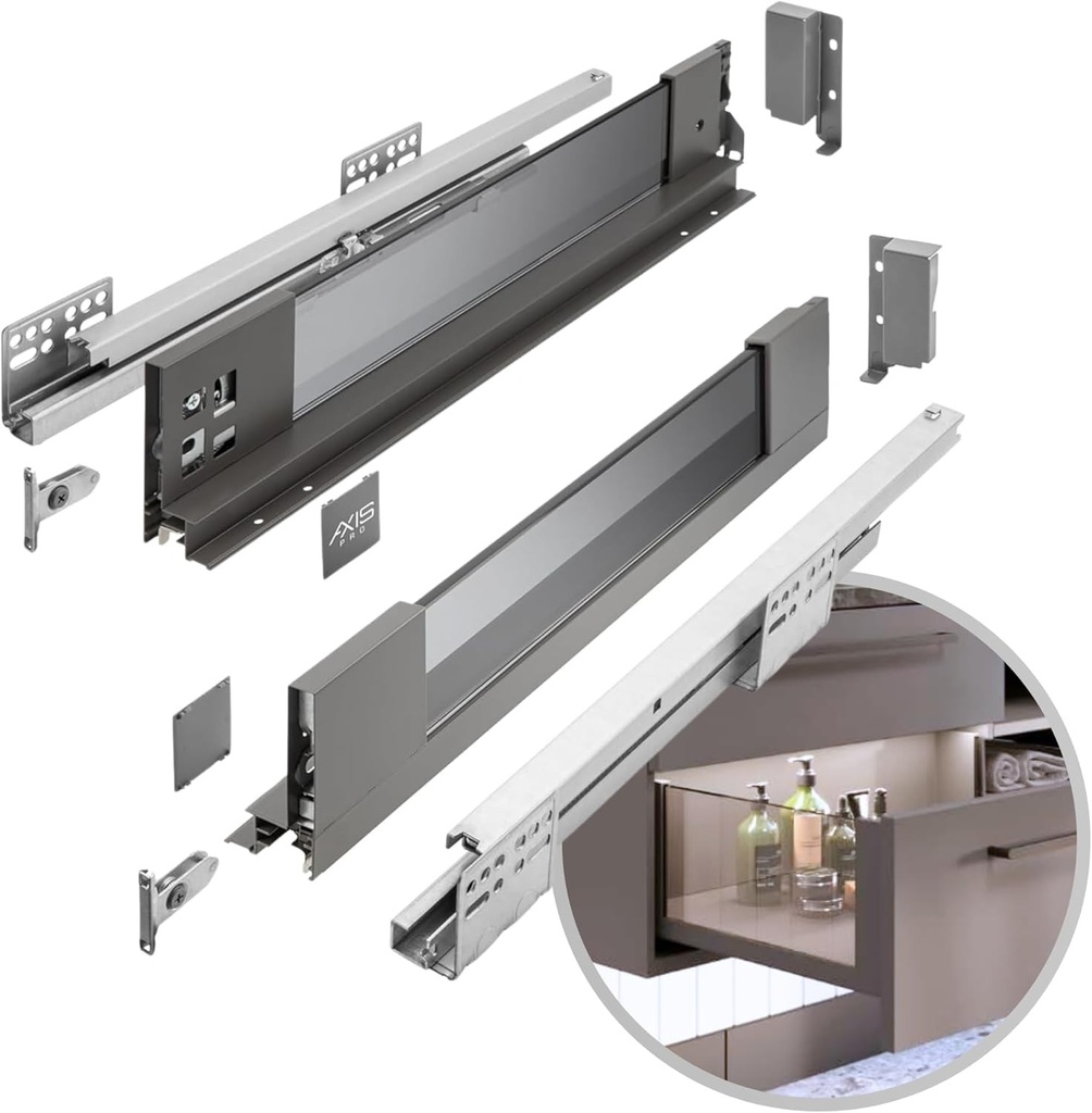GTV - Sistem de sertare AXIS PRO | Sertar cu laterale din sticlă | Sertar | Sistem de sertare | Înălțime: 84 mm Lungime: 400 mm | Antracit cu sticlă fumurie