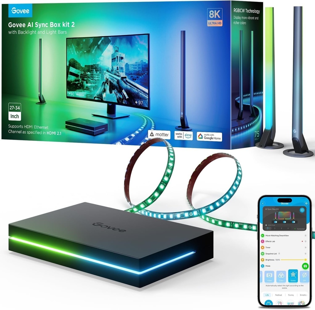 Kit de sincronizare Govee HDMI 2.1 2, cu bară luminoasă și bandă LED, suportă 8K@60Hz, 4K@144Hz, VRR și ALLM, Dreamview, funcționează cu Matter și Alexa, iluminare de fundal pentru monitoare de 27-34 inch