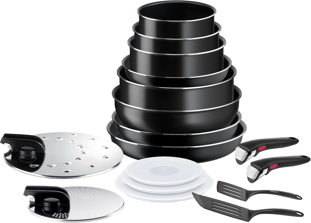 Set de vase de gătit Tefal Ingenio cu 17 piese, tigăi, cratițe, wok, tigaie pentru sotat, fără inducție, înveliș antiaderent, stivuibil, lavabil în mașina de spălat vase, fabricat în Franța, Easy On L1599702