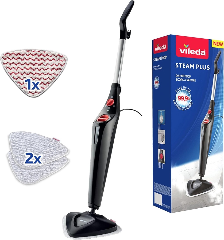 Mop cu abur Vileda Steam Plus Triangular Edition cu Power Pad, performanță de curățare igienică fără utilizarea de substanțe chimice, pentru toate podelele dure și covoarele