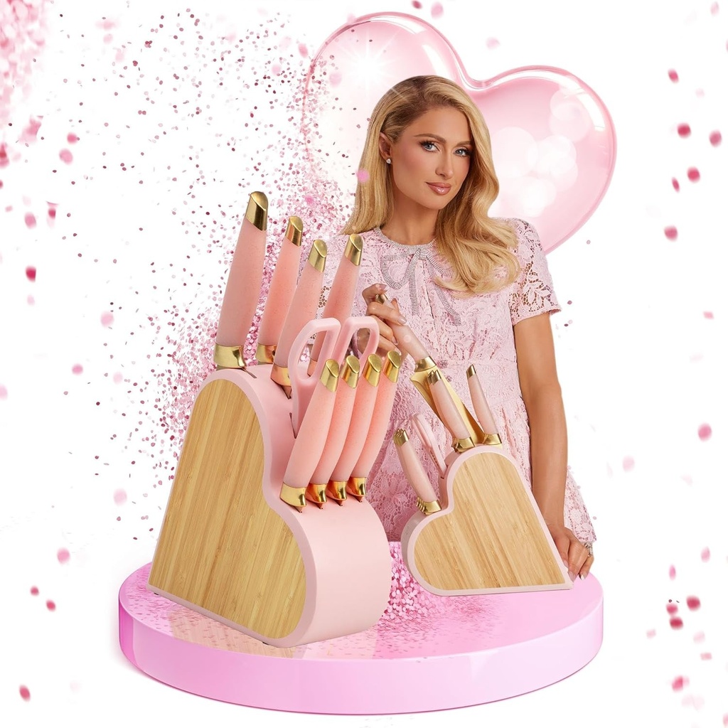 Paris Hilton – Set de 10 cuțite din oțel inoxidabil cu bloc robust de cuțite din bambus – Ideal pentru orice bucătărie, precizie ridicată de tăiere și design durabil, Roz