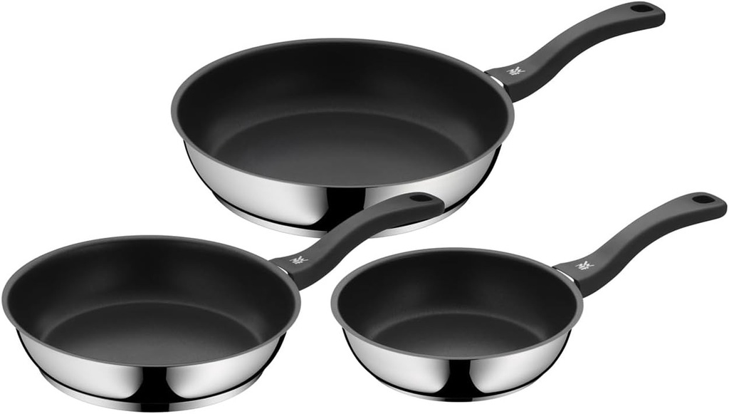 Set de 3 tigăi cu inducție WMF Devil – tigăi de 20, 24, 28 cm – Set de tigăi antiaderente din oțel inoxidabil Cromargan, acoperite, rezistente la mașina de spălat vase, la cuptor, rezistente la căldură și la zgârieturi