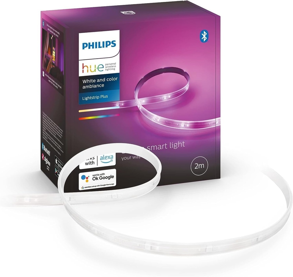 Set de bază Philips Hue Lightstrip Plus de 2 metri - Extensibilă - Bandă LED durabilă - Lumină albă și colorată - Reglabilă - Conectare prin Bluetooth sau Hue Bridge - Funcționează cu Alexa și Google Home
