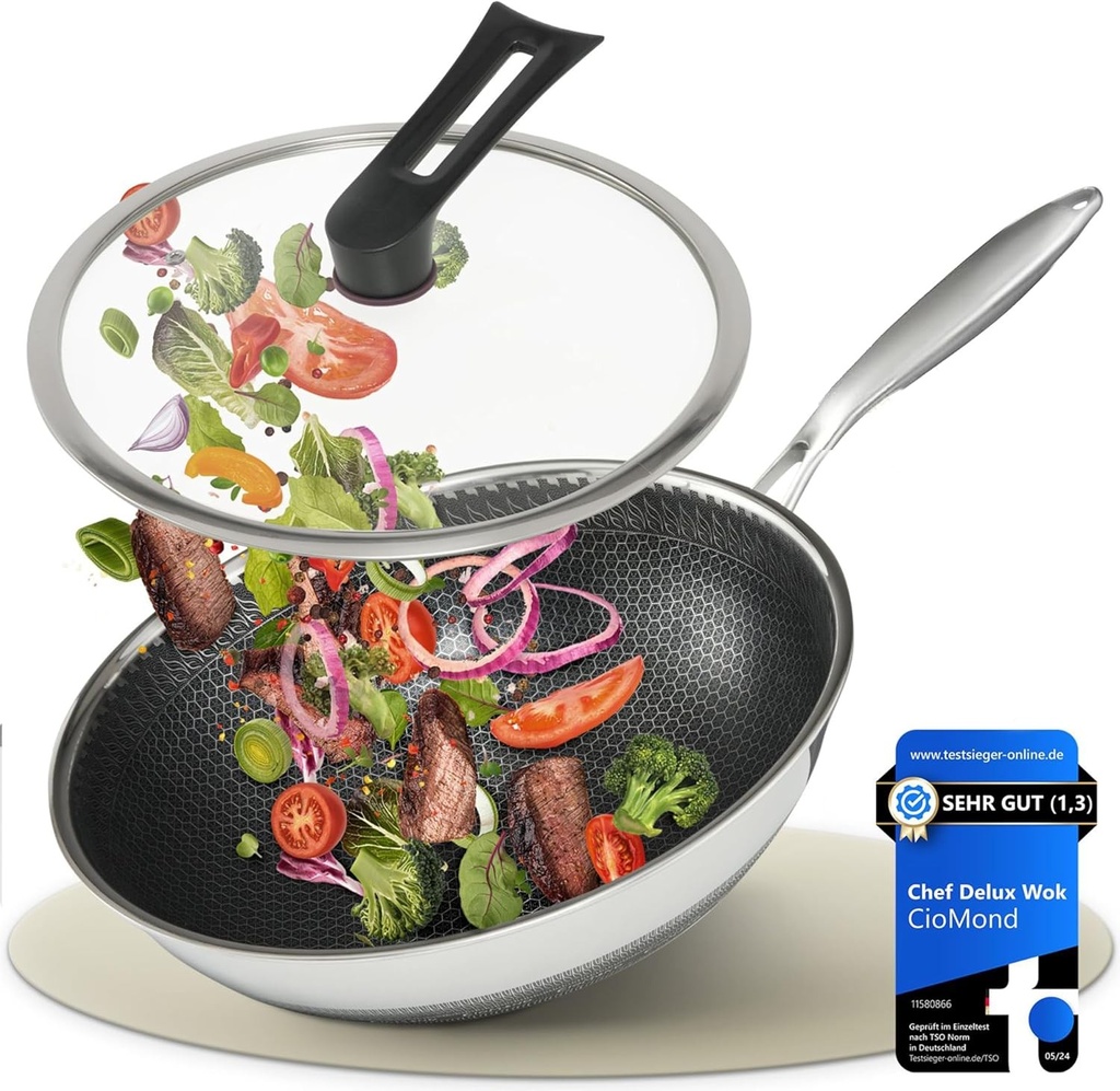 Tigaie Wok CioMond cu Capac, Compatibilă cu Inducție, 28 cm - Oțel Inoxidabil cu Structură Antiaderentă în Formă de Fagure | Potrivită pentru Plite cu Inducție, Electrice și pe Gaz | Sigură în Mașina de Spălat Vase, Distribuție Uniformă a Căldurii