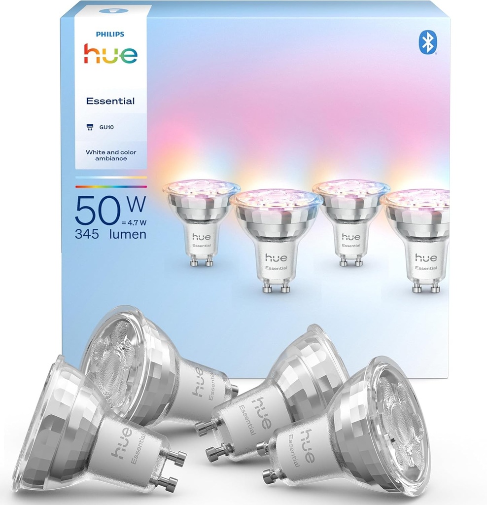 Bec LED inteligent Philips Hue Essential GU10, alb și colorat, 4,7 W, 2200K-6500K, 345 lumeni, reglabil, funcționează cu Alexa, Google Assistant și Apple Home, pachet de 4