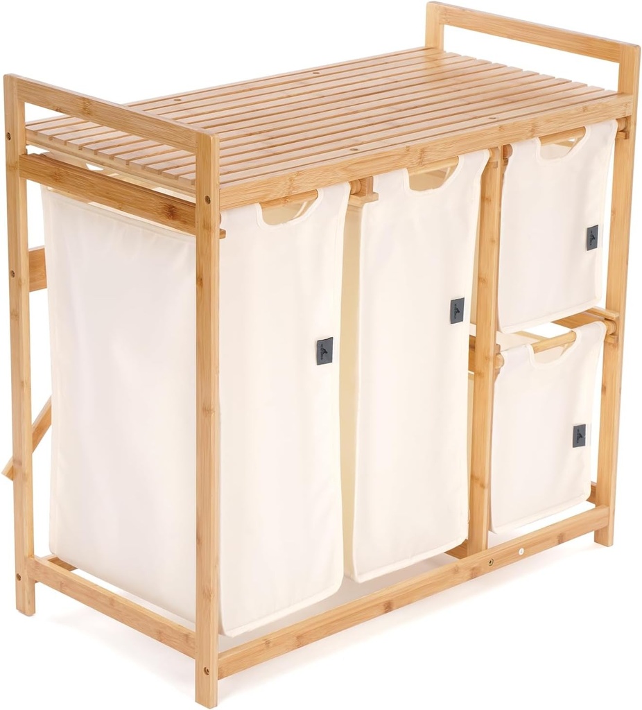 Coș de rufe bej din bambus – Coș de rufe și coșuri cu 4 compartimente – Ladă de rufe 150L pentru baie, dormitor, spălătorie sau hol – Coșuri de rufe 87x46x15 cm