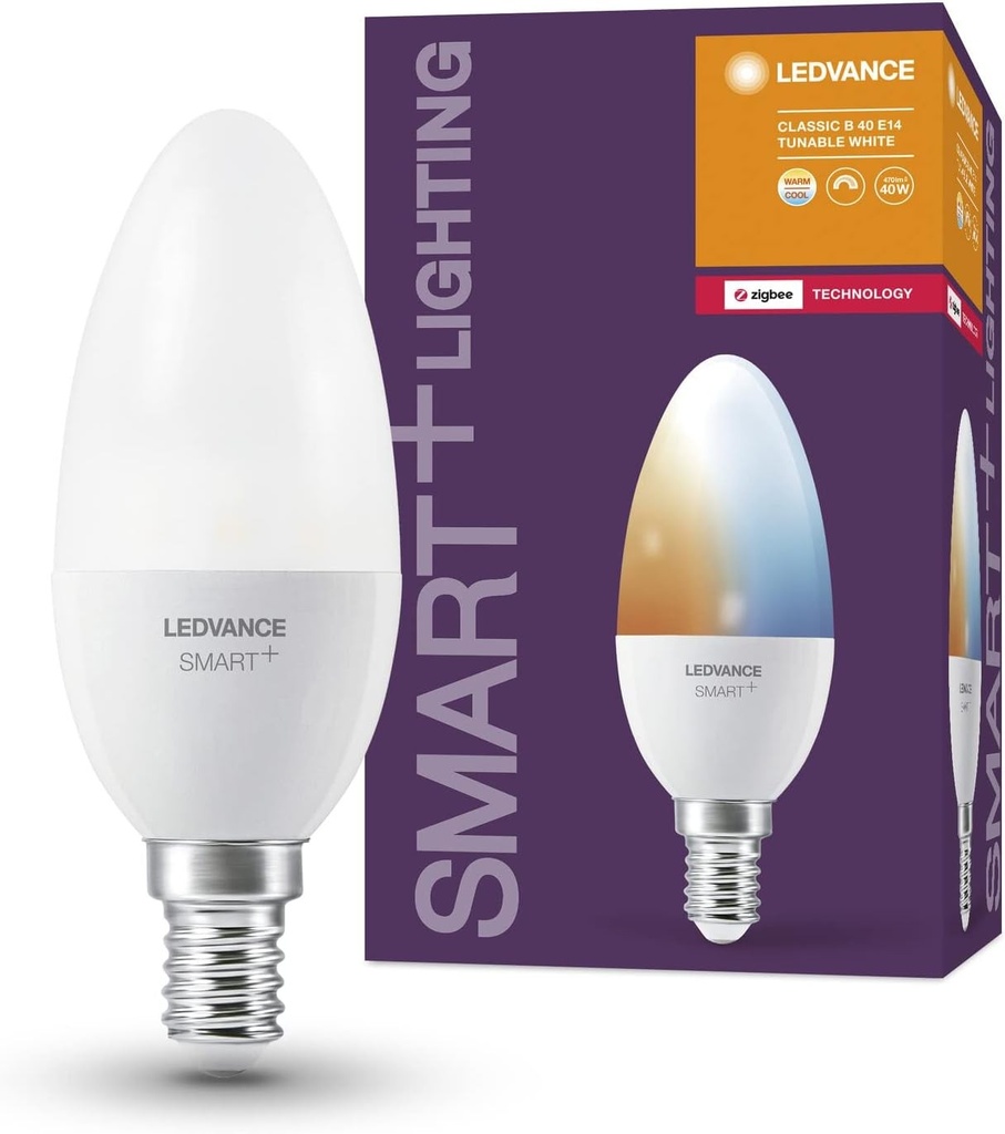 Lampă LEDVANCE Smart+ cu tehnologie ZigBee, 5W, echivalent 40W, soclu E14, lumină albă reglabilă, 470lm, pachet de 1 buc.