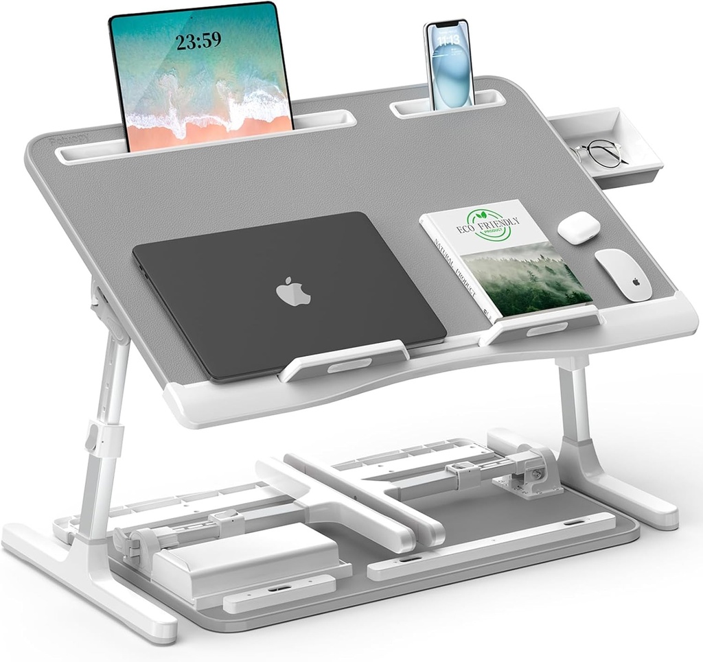 Masă pentru laptop, masă de pat pliabilă din piele Potuopy, reglabilă pe înălțime, unghi, masă de laptop extra mare pentru canapea cu placă din lemn ecologic pentru lucru, citit, mâncat pe podeaua canapelei (gri, 60 * 40cm)