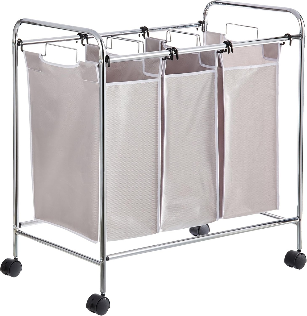 Sortator de rufe dreptunghiular Amazon Basics cu 3 buzunare, capacitate 135 litri, alb, 78 x 46 x 86 cm