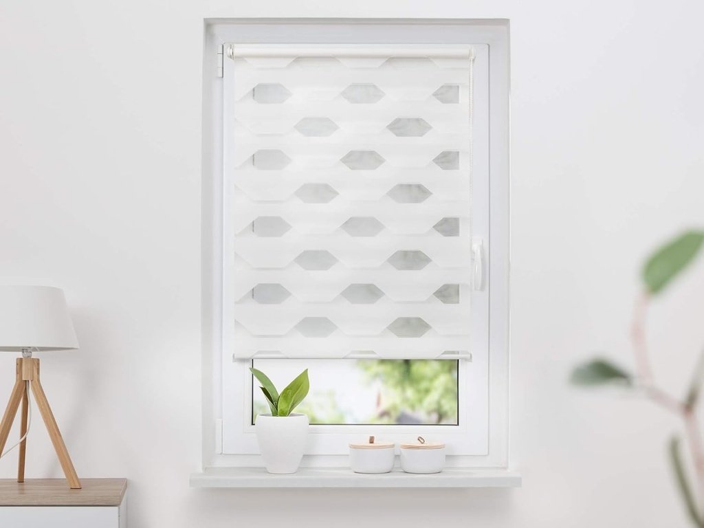 Jaluzea dublă cu fixare prin clemă trapezoidală K-home, poliester, alb, 60 x 200 cm
