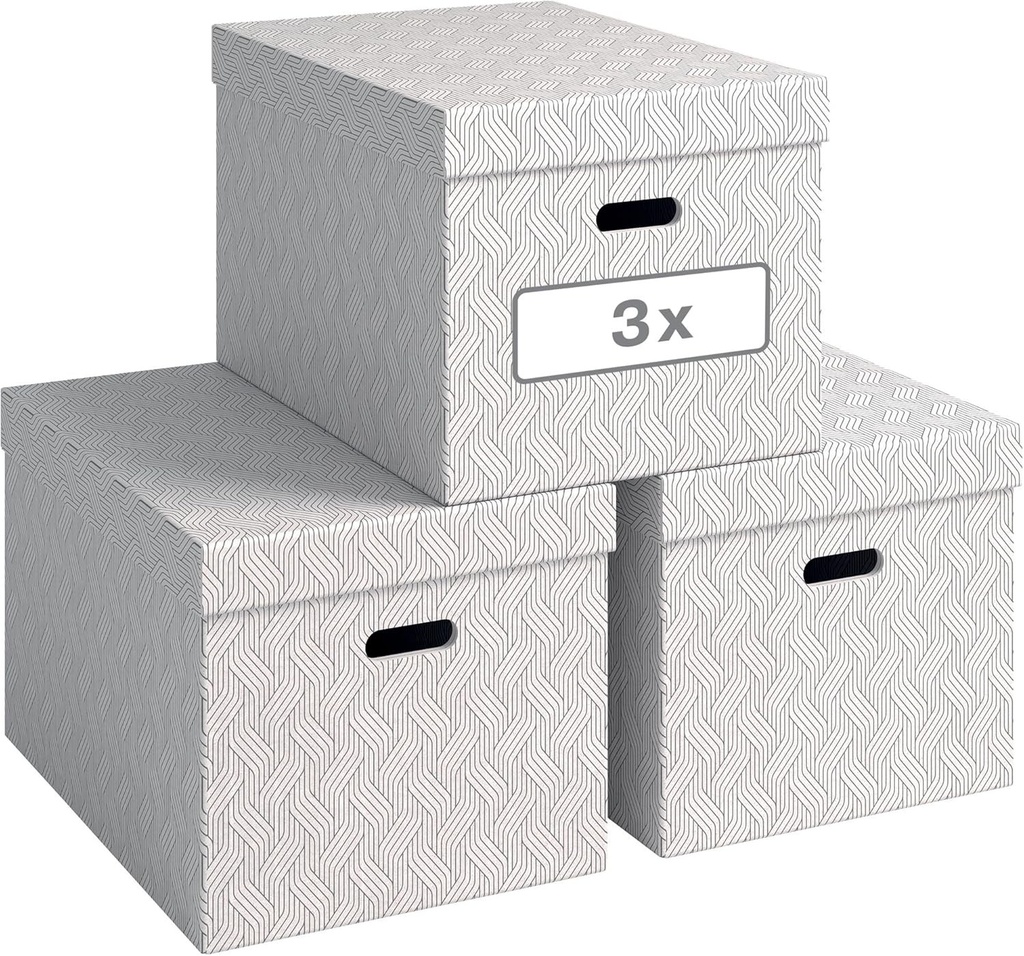 Set de 3 cutii de depozitare Leitz cu capac, 46 L, extra mare, carton 100% reciclat, design geometric, pentru școală, universitate și acasă, alb, 3 piese, 61420001