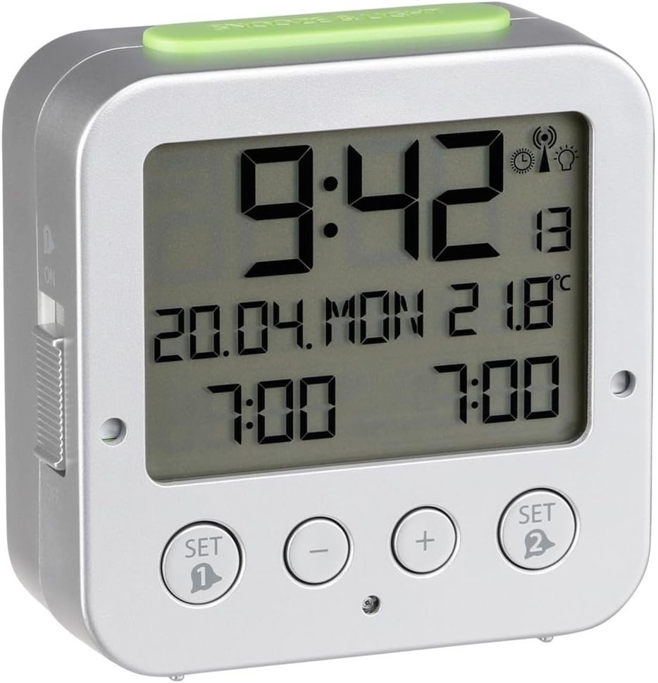 Ceas deșteptător radio TFA Dostmann Bingo, 60.2528.54, iluminare automată de fundal, dată, afișare temperatură și două ore de alarmă, argintiu-verde