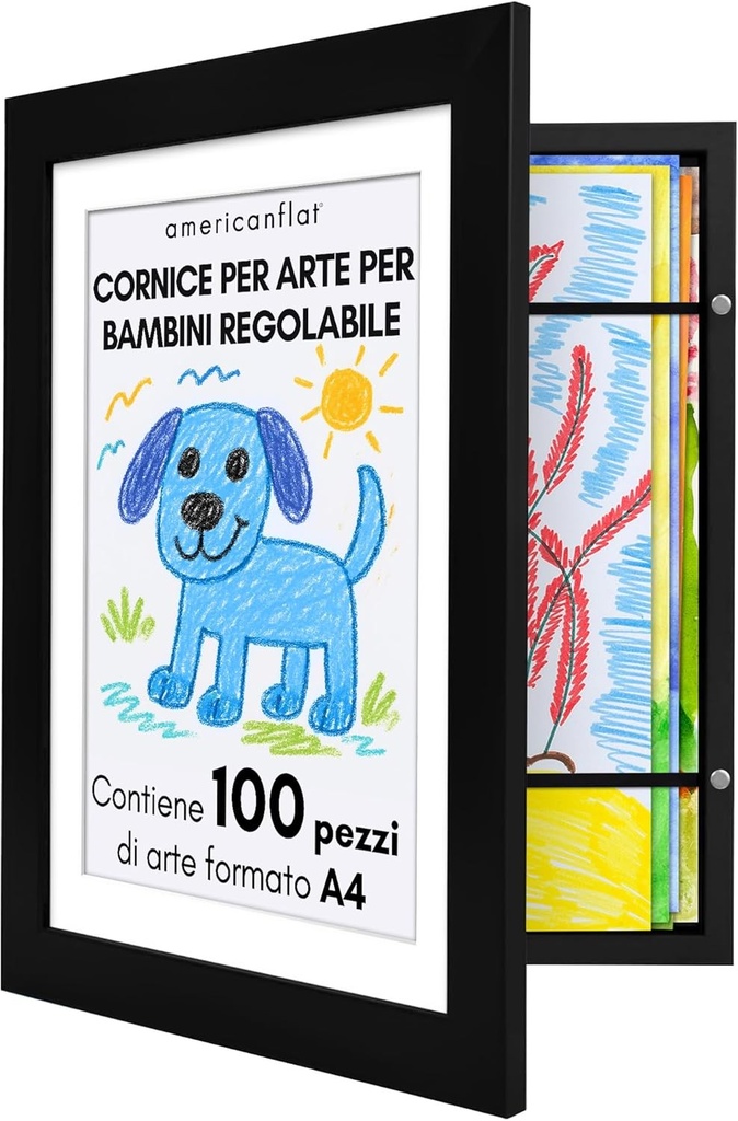 Ramă de desen pentru copii Americanflat, A4 neagră cu suport și 25,5 x 32 cm fără suport - Rame cu deschidere frontală, capacitate 100 de piese