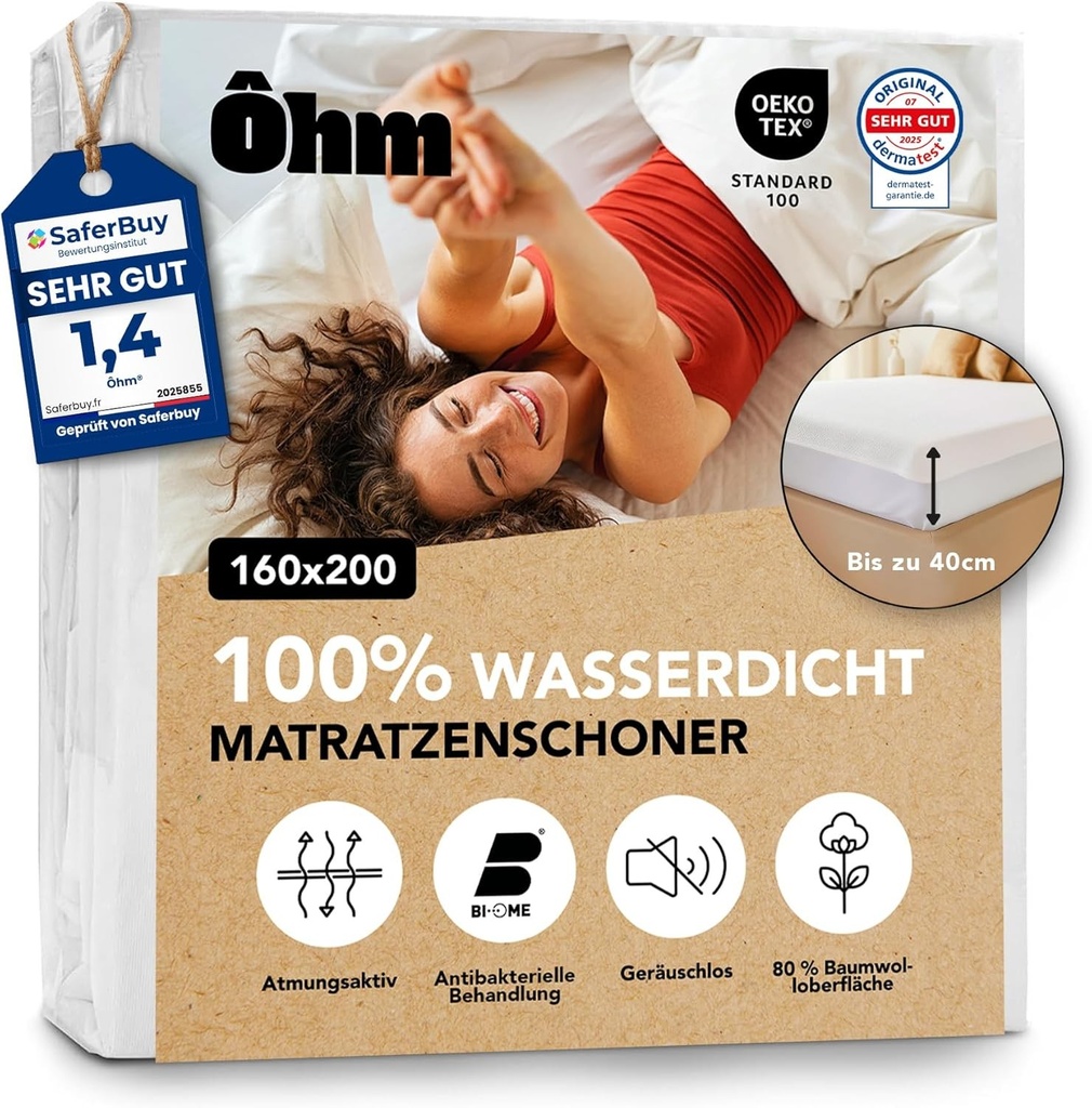 Protecție saltea 160x200 cm | Protecție saltea impermeabilă și silențioasă | Bumbac hipoalergenic și absorbant | Cearșaf cu elastic de 40 cm | Antiacarieni | Oeko-TEX | Ôhm