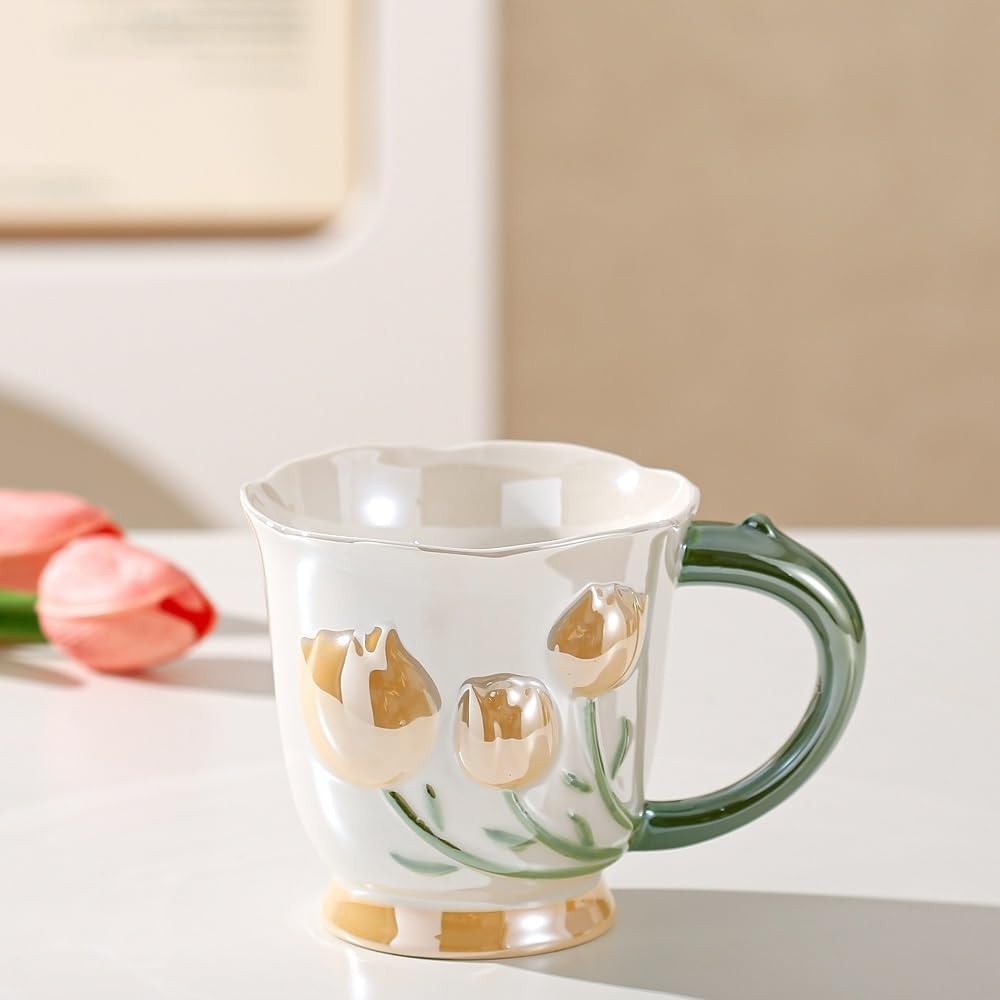 VollfitYYu Cană de cafea din porțelan cu model de lalele, model de flori, perlat, 400 ml, cană de cacao, cadou pentru fete, femei, bunici, mame, iubitori de flori (galben)