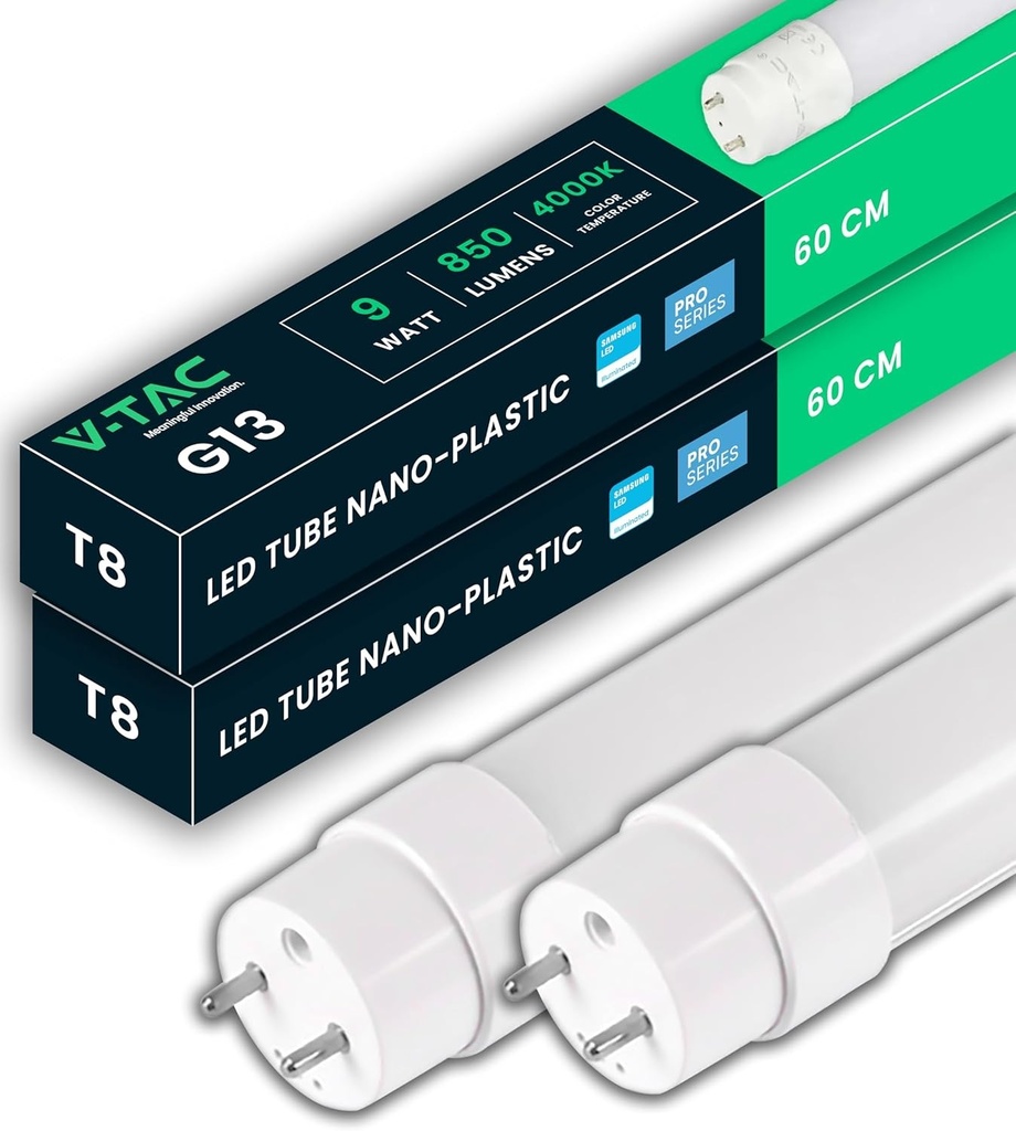 V-TAC 2x Tub LED 60 cm - T8 - G13 - Soclu 7.5W - 850 Lumeni - Cip Samsung - Tuburi LED pentru Tavan, Perete, Garaj, Magazin - Tub T8 - Înlocuitor pentru Tuburi Fluorescente - Lumină Alb Neutru 4000K