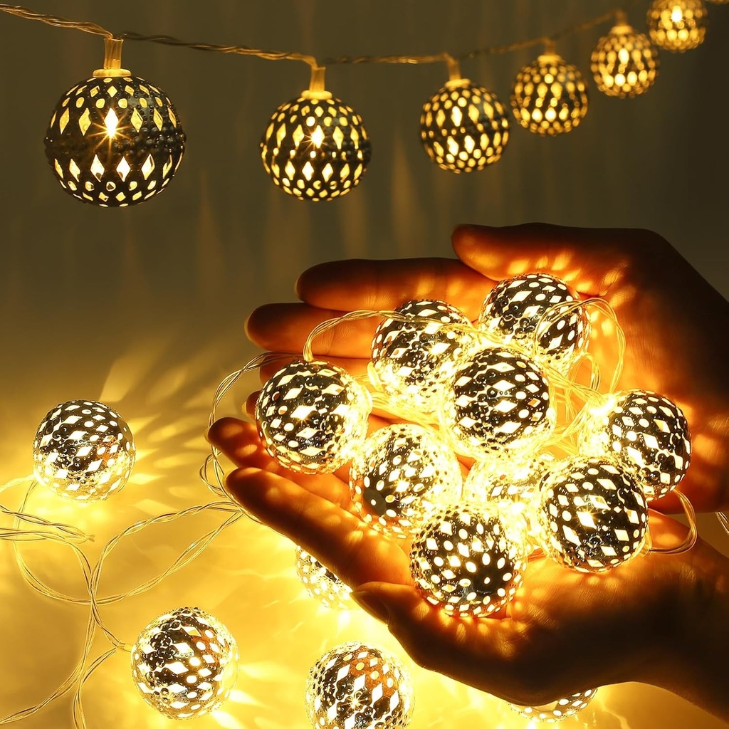 Ewikin Lumini cu șir marocan, 20 LED-uri de interior, alimentate cu baterii, bile argintii cu temporizator, decor boho arab pentru camera copiilor, nuntă, ziua de naștere