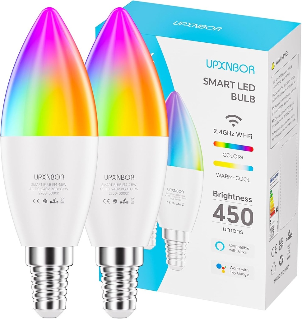 Bec inteligent UPXNBOR E14, 4.5W, lampă LED WiFi RGBWW reglabilă cu 16 milioane de culori, 450LM, accesoriu Alexa Smart Home, compatibil cu Alexa și Google Assistant, 2.4GHz, pachet de 2