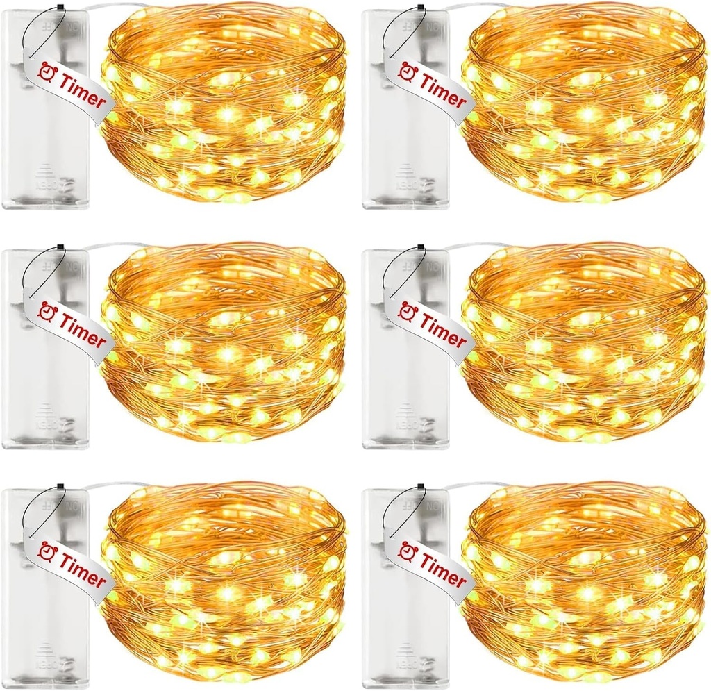 Litogo Set de 6 ghirlande luminoase LED cu temporizator, ghirlande luminoase de interior din sârmă de cupru cu 30 LED-uri de 3M, alimentate cu baterii (baterii AA) pentru petreceri, Crăciun, Halloween, decorațiuni de nuntă, alb cald