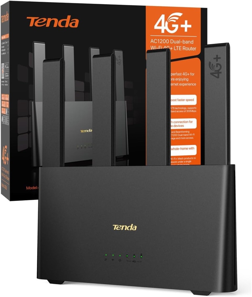 Tenda 4G08 - Router 4G+ SIM, WiFi Dual Band AC1200 CAT6 până la 300Mbps, Router cu cartelă Nano SIM cu 4 antene externe, Port Gigabit LAN/WAN, OpenVPN, MU-MIMO, Mesh Wi-Fi+, Plug & Play
