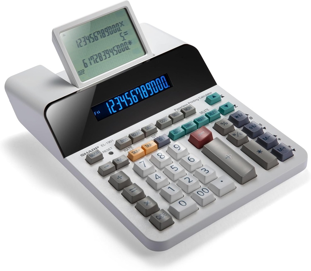Calculator fără hârtie Sharp EL-1901 cu verificare și corecție, afișaj LCD principal cu 12 cifre, funcționează exact ca un calculator/mașină de adunare cu ecran LCD