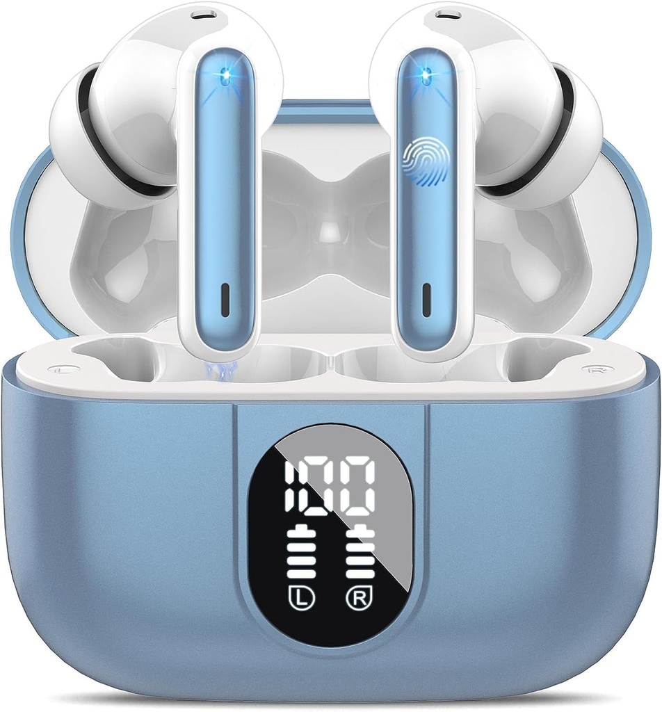 Căști fără fir BESNOOW, 2023 Bluetooth 5.3 HiFi Stereo cu microfon HD, mini căști intraauriculare Bluetooth wireless 40H, impermeabile IP7, afișaj LED, USB-C, albastre