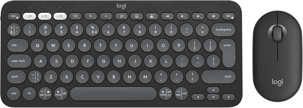 Logitech Pebble 2 Combo, tastatură și mouse wireless, discret, portabil, personalizabil, Logi Bolt, Bluetooth, comutare ușoară pentru Windows, macOS, iPadOS, Chrome, structură QWERTY spaniolă - Grafit