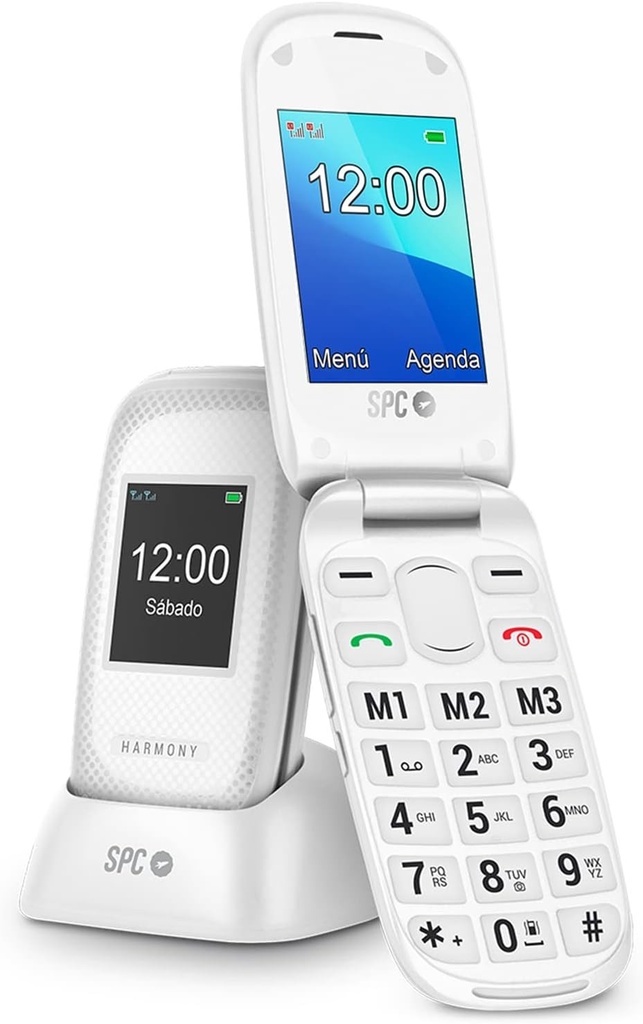 SPC Harmony - Telefon mobil pentru seniori, telefon cu clapă, taste mari, volum puternic 96dB, compatibil cu aparate auditive, contacte foto, buton SOS, ecran dublu (2,4”+1,77”) - alb