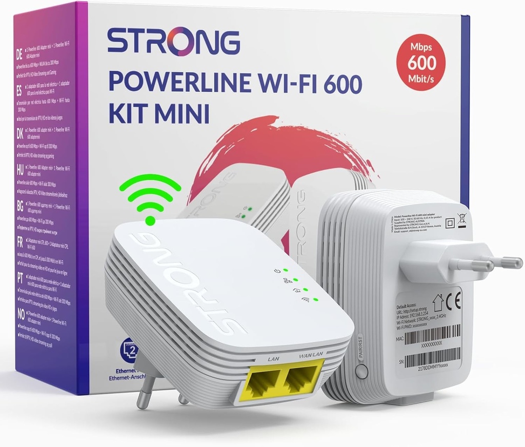 Strong - Kit Mini Powerline 600 - Priză PLC dublă - Priză PLC 600 Mbps + Priză PLC WiFi 300 Mbps - Compatibil cu Box/Router - 1 Port Ethernet - Instalare Plug & Play - Viteză mare - Alb