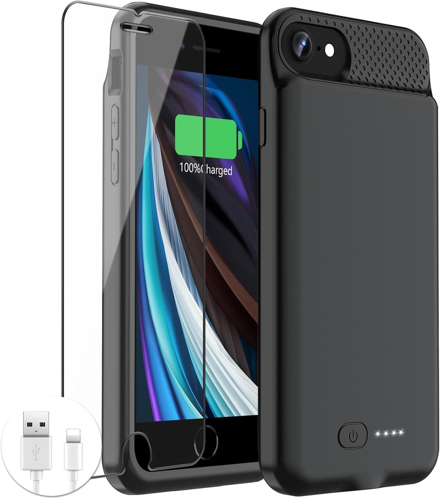 Carcasă baterie GIN FOXI pentru iPhone SE (2022/2020)/8/7/6/6s, încărcător baterie reîncărcabilă ultra subțire de 6000mAh pentru iPhone 8/7/6s/6/SE (generația a 2-a/a 3-a), 4,7 inci, neagră