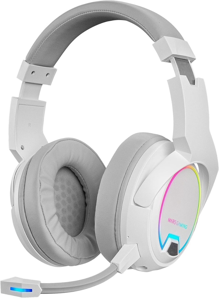 Mars Gaming MHW-100, Căști wireless ARGB Flow, Microfon ENC detașabil, Anulare activă a zgomotului ENC, Windows/PS4/PS5/XBOX ONE/XBOX SERIES X|S/Mac/Switch/Switch 2/Smartphone/Tabletă, Alb